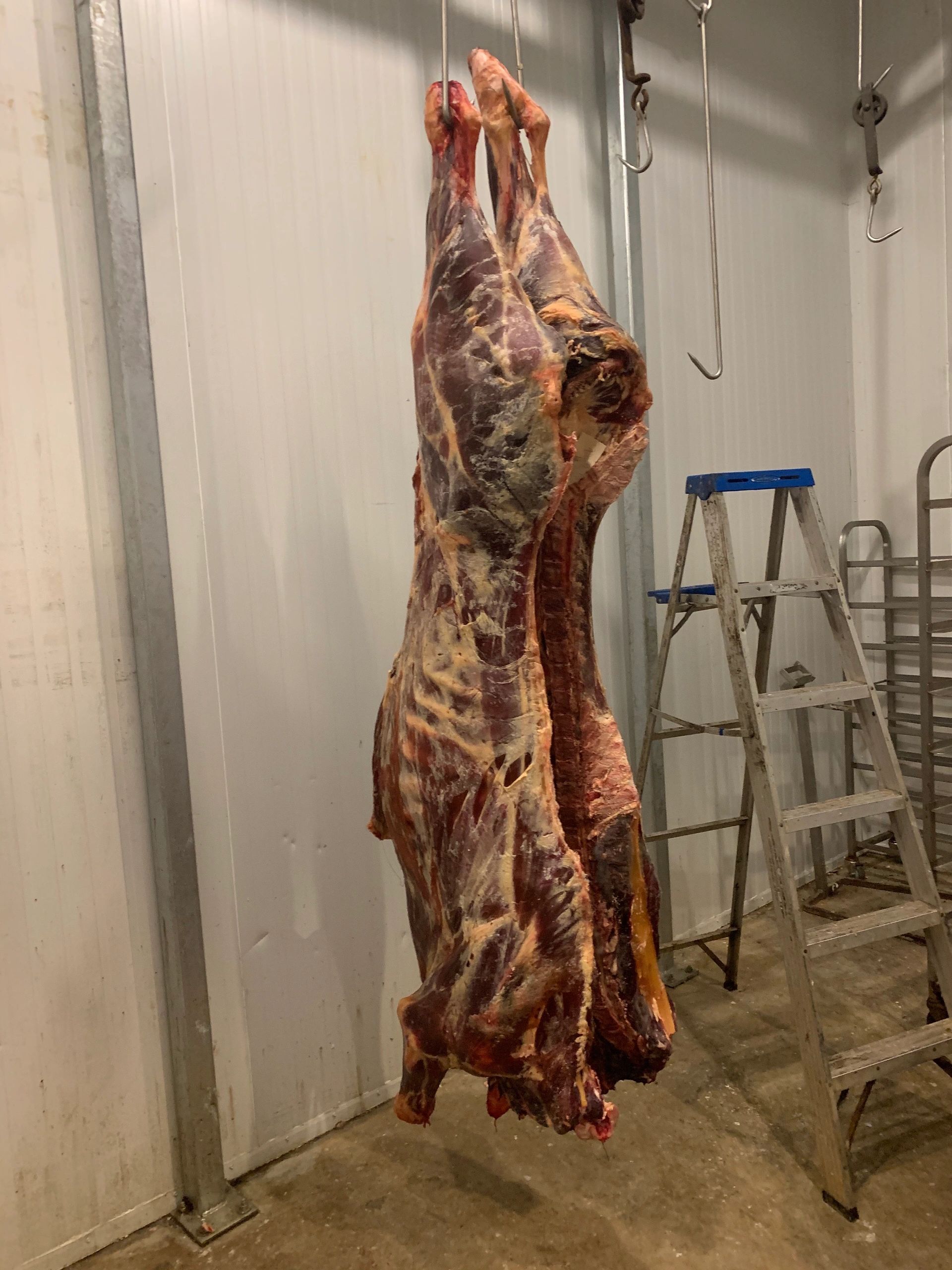 Another farm’s hanging beef with less fat and muscle.